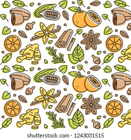 Vector linear illustration of mulled wine spices and ingredients. Different spices-cinnamon stick, clove and citrus slice. Pattern