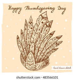 Vector linear illustration of the native american hat and handwritten text Happy Thanksgiving Day. Hand drawn sketch of a headdress with feathers on the textured paper background.