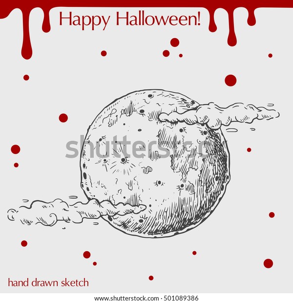 Vector\
linear illustration of the night moon hiding in the clouds with\
blood stains,spots,drops and text Happy Halloween on the grey\
background. Hand drawn sketch of the full\
moon.