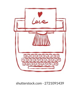 Lineare Vektorgrafik einer alten Schreibmaschine. Vintage roten Umriss Clipart für Valentinstag und Hochzeiten. Die Inschrift Liebe