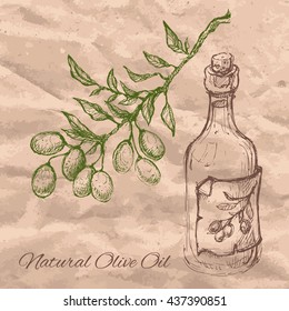 Vector linear illustration of the olive branch, glass bottle of the olive oil and text Natural Olive Oil on the textured old paper background. Vector hand drawn sketch for shop,menu, cafe, restaurant.