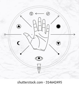 Vector linear illustration of open hand in circle with crossed arrows, sun, moon, man woman symbols and elements. Abstract occult, mystic, esoteric signs. Spiritual design. Concept of palmistry, magic