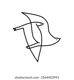 vector linear illustration, outline drawing, black and white graphics, two flying birds, pair, yin yang. Vector illustration