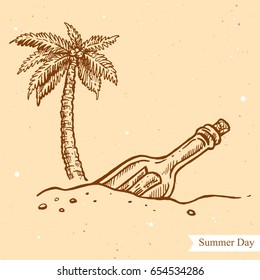 Vector linear illustration of palm, bottle with letter isolated on paper background with abstract texture. Hand drawn sketch in retro style of palm on the beach. Image in vintage style for design.