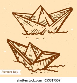 Vector linear illustration of paper boat isolated on paper background with abstract texture. Hand drawn sketch in retro style of origami paper ship. Image in vintage style for design.