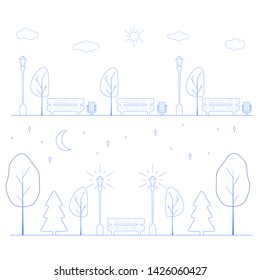 vector linear illustration of park with benches and trees at daytime and evening