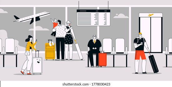 Vector linear illustration of passengers with luggage at airport terminal scene. Family travelers looking at airplane. Tourists using smartphones, waiting for boarding, business trip, travel vacation