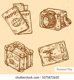 Vector linear illustration of passport and tickets, photo camera, suitcase with stickers, greeting card from summer beach isolated on background with abstract texture. Hand drawn vintage sketch