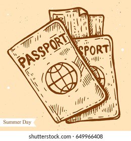 Vector linear illustration of passport and tickets isolated on paper background with abstract texture. Hand drawn sketch in retro style of passports. Image in vintage style for design.