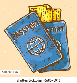 Vector linear illustration of passport and tickets isolated on paper background with abstract texture. Hand drawn color sketch in retro style of passports. Image in vintage style for design.