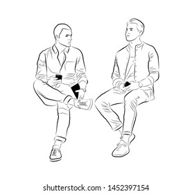 
Ilustración vectorial lineal de la gente. Esbozo de dos hombres parlantes. Dibujo aislado de hombres sentados sobre un fondo blanco.