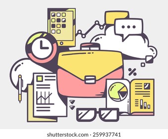 Vector linear illustration of pink business case with office documents on gray background. Color hand draw line art design for web, site, advertising, banner, poster, board and print.