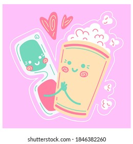 Vector linear illustration of pop corn with anaglyph glasses for 3d kawaii character on pink background.Glamorous color hand draw line art design for web,site, advertising, banner,poster, board, print