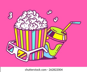 Vector linear illustration of pop corn with juice and anaglyph glasses for 3d on pink background. Glamorous color hand draw line art design for web, site, advertising, banner, poster, board and print.