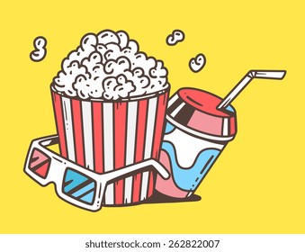 Vector linear illustration of pop corn with juice and anaglyph glasses for 3d on yellow background. Classic color hand draw line art design for web, site, advertising, banner, poster, board and print.