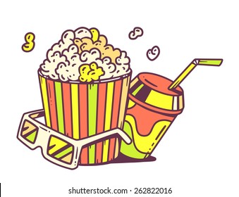 Vector linear illustration of pop corn with juice and anaglyph glasses for 3d on white background. Retro color hand draw line art design for web, site, advertising, banner, poster, board and print.