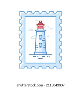 Ilustración lineal vectorial de un sello postal con faro aislado en fondo blanco. Concepto de viaje con la imagen de referencia de Peggy's Cove perfecta para postales. Trazo editable