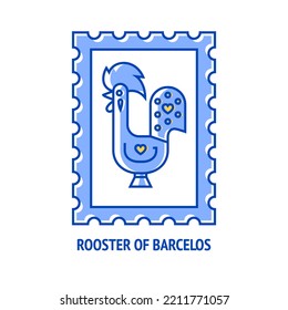 Ilustración vectorial lineal de un sello postal con gallo de Barcelos aislado sobre fondo blanco. Símbolo tradicional más común de Portugal perfecto para postales. Trazo editable