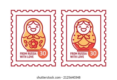 Vector linear illustration of a postage stamps with matryoshka isolated on white background. Traditional russian nesting doll image perfect for postcards. Editable stroke