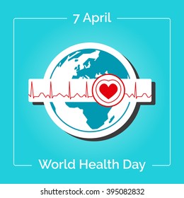 Vector linear illustration. Poster for 7 April, World Health Day. The Earth in blue and white colors in flat style. Globe and normal cardiogram as a concept for World Health Day. Healthy planet.