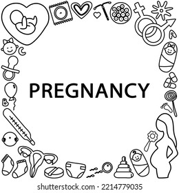 Vector linear illustration of pregnancy planning and obstetrics. 
Gynecology elements - test, uterus, sperm, nipple, ultrasound, baby. Health care banner design.