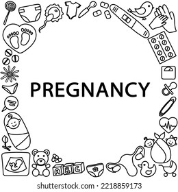 Vektorlineare Illustration von Schwangerschaftsplanung und Geburtshilfe. 
Gynäkologie-Elemente - Test, Uterus, Sperma, Nippel, Ultraschall, Baby. Design des Gesundheitsbanners.