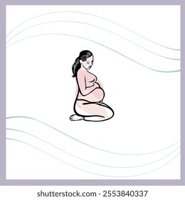 Vector linear  illustration with with pregnancy woman, logo, relaxing, yoga for pregnacy