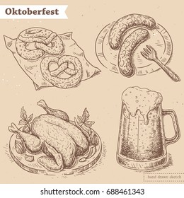 Vector linear illustration of pretzels, roasted chicken, glass of beer, sausage on the plate.  Hand drawn sketch of octoberfest food. Image in vintage style with abstract paper background.
