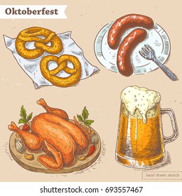 Vector linear illustration of pretzels, roasted chicken, glass of beer, sausage on the plate. Hand drawn color sketch of oktoberfest food. Image in vintage style with abstract paper background.