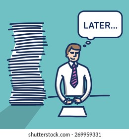vector linear illustration procrastination businessman which delay his work for later | simply modern flat design colorful cartoon icon isolated on green background