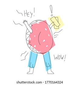 Vector linear illustration with promoter wearing donut costume. In his hand, he holds flyers and invites visitors to eatery. Concept of advertising, attracting customers, revenue, business.