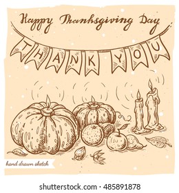 Vector linear illustration of the pumpkin,apple,orange,candle,flags with text Thank You. Hand drawn sketch of the autumn still life on the paper background and handwritten text Happy Thanksgiving Day.