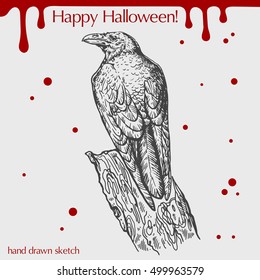 Vector linear illustration of the raven sitting on the tree with blood stains and text Happy Halloween on the grey background. Hand drawn sketch of the black crow.
