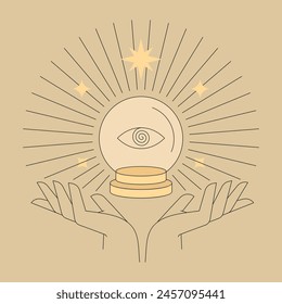Vector Linear Illustration Related to Foretelling the Future in a Magic Ball. Magic and Witchcraft