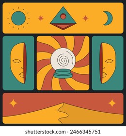 Vector Linear Illustration Related to Sacred Vision in the Desert of the Subconscious. Discovering Hidden Vitality Energy