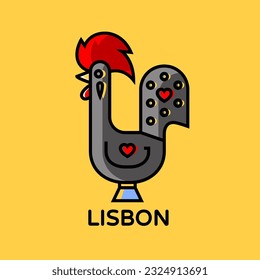 Vector linear illustration of the rooster of Barcelos on yellow background. Most common traditional symbol of Portugal perfect for postcards. Editable stroke