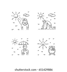 Vector linear illustration of the safety of a person on the sun. the symptoms of heat stroke and measures of human security