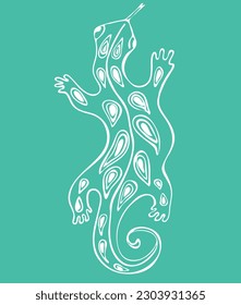 Vector linear illustration of Salamander icon isolated on blue background. Lizard template for logo, tattoo design, print.  