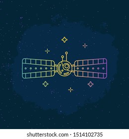 Vector linear illustration of satellite with gradient. Cosmic background with spacecraft around the stars. Cartoon illustration of starry explorer. Galaxy and universe observer.