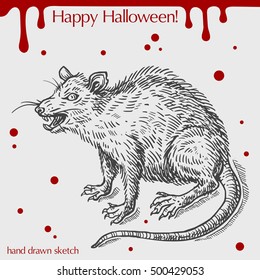 Vector Linear Illustration Of The Scary Rat With Blood Stains,spots,drops And Text Happy Halloween On The Grey Background. Hand Drawn Sketch Of The Big Attacking Rat.