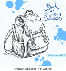 Vector linear illustration of the school bag on the textured paper sheet in cell. Hand drawn sketch of the knapsack with handwritten text Back To School and ink blots.