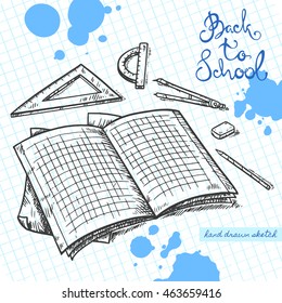 Vector linear illustration of the school exercise book, pen, eraser, ruler on the textured paper sheet in cell. Hand drawn sketch of the notebook with handwritten text Back To School and ink blots.