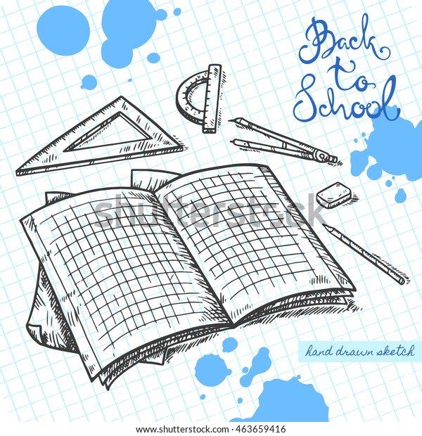 Vector linear illustration of the school exercise\
book, pen, eraser, ruler on the textured paper sheet in cell. Hand\
drawn sketch of the notebook with handwritten text Back To School\
and ink blots.