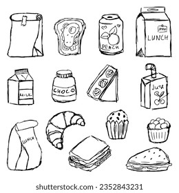 Vector linear illustration of a school lunch. Hand drawn dessert, sandwich, tistechka, milk, grapes, juice with handwritten text	