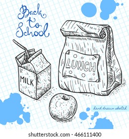 Vector linear illustration of the school lunch on the textured paper sheet in cell. Hand drawn sketch of the bag with food, apple and milk with handwritten text Back To School and ink blots.