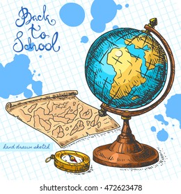 Vector linear illustration of the school objects for geography on the textured paper sheet in cell. Hand drawn color sketch of the globe,map, compass and handwritten text Back To School and ink blots.