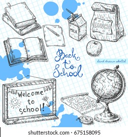 Vector linear illustration of school set with lunch, globe, map, school board, books on textured paper background.Hand drawn sketch of the school objects, handwritten text Back to School and ink blots