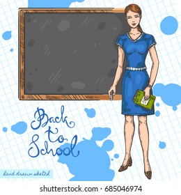 Vector linear illustration of school teacher with chalk and book on textured paper background. Hand drawn color sketch of woman teacher with desk, handwritten text Back to School, ink blots.