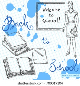 Vector linear illustration of school teacher with chalk, school book, pencil on textured paper background. Hand drawn sketch of woman teacher with desk, school objects, handwritten text Back to School