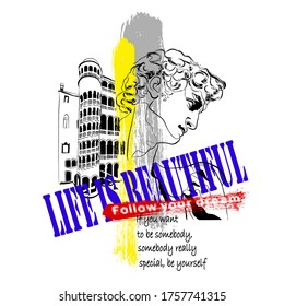 Vector linear illustration of the sculpture of Michelangelo David. Drawing for t-shirts.